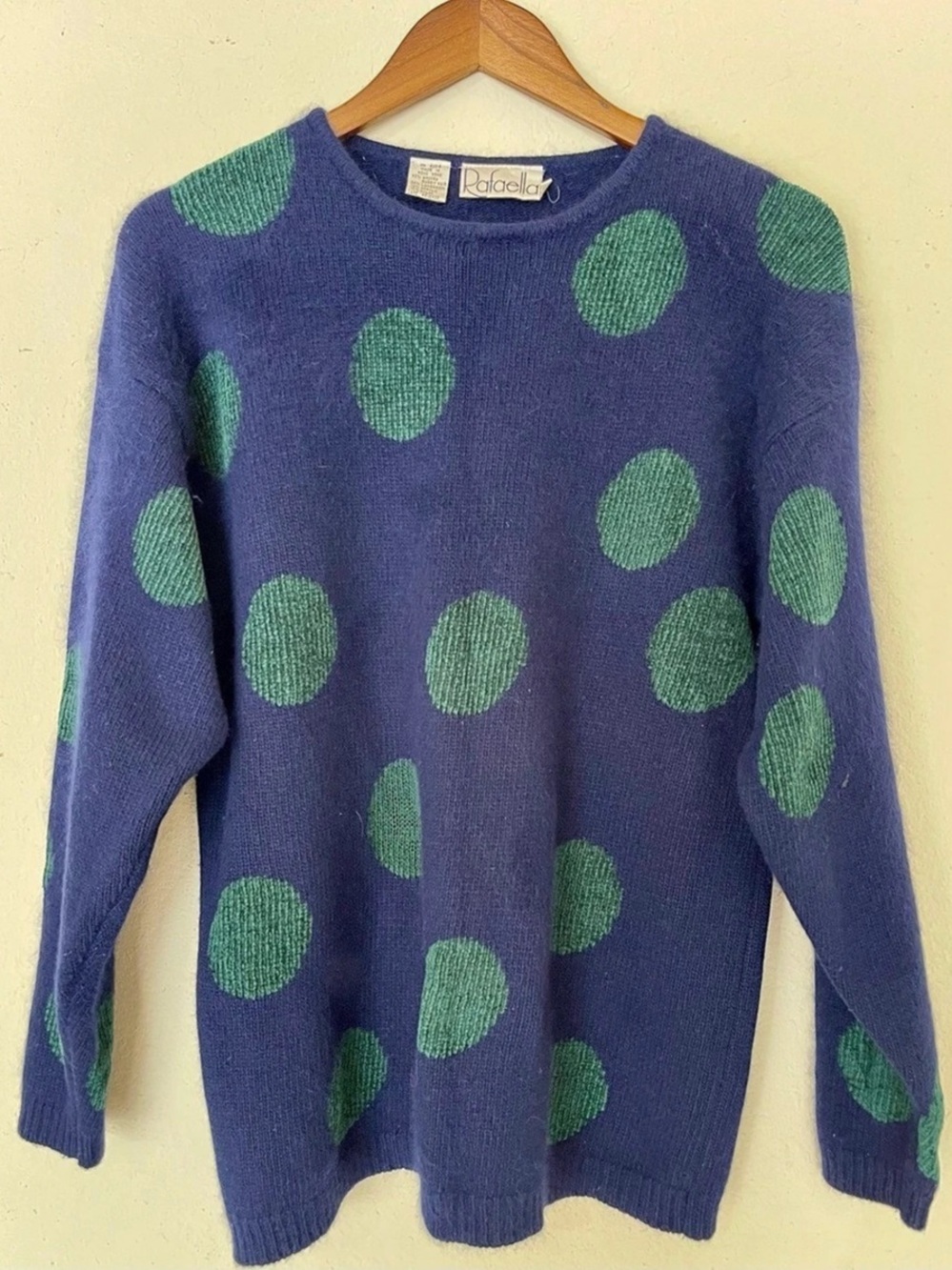 Vtg 80s Rafaella Angora Lambswool Polka Dot Fuzzy Sweater Women's L Green Blue
